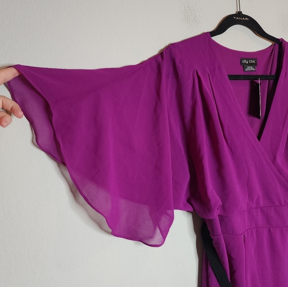 NWT City Chic Magenta Belted Faux Wrap Drape Belted Flutter Sleeve Dress 12 - Picture 11 of 15
